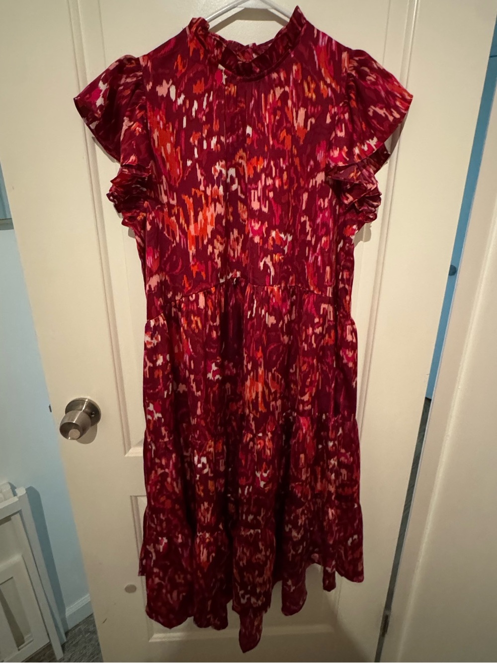 Pinch Midi Dress in Burgundy, Pink, Orange Abstract Print
